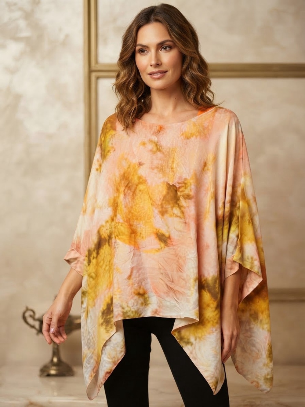 Women's Tie-Dye Flowing Poncho Tunic - 100% Silk. Made in Italy. Peach & Mustard